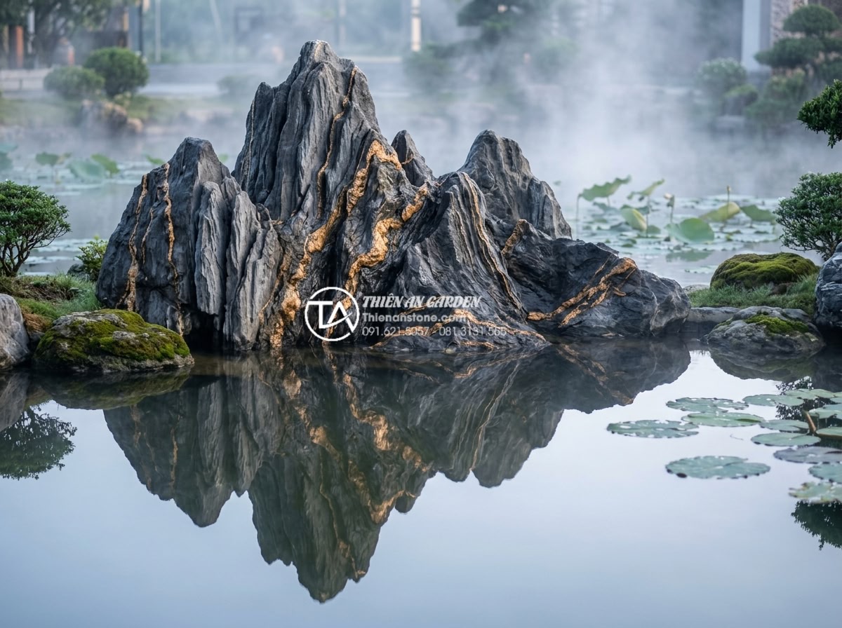 Đá Trầm Tích - Sedimentary rock reflected perfectly in a still ornamental pond at dawn, mirror-