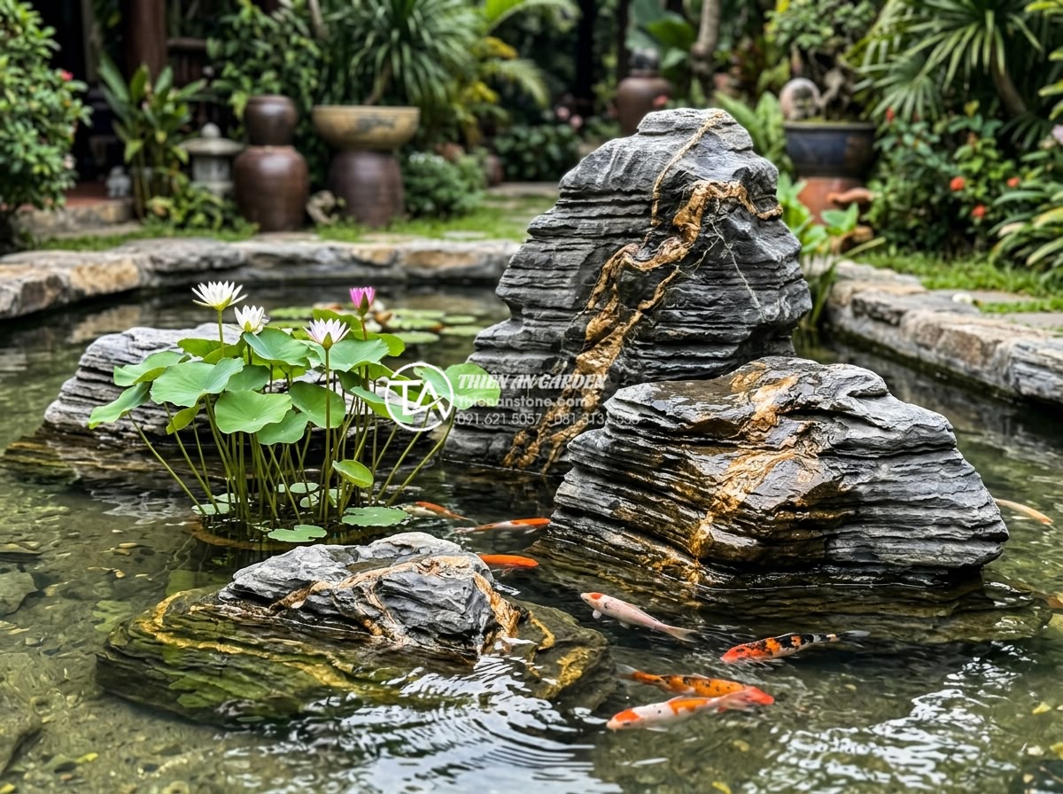 Đá Trầm Tích - Sedimentary rocks partially submerged in a shallow garden pond, horizontal strat