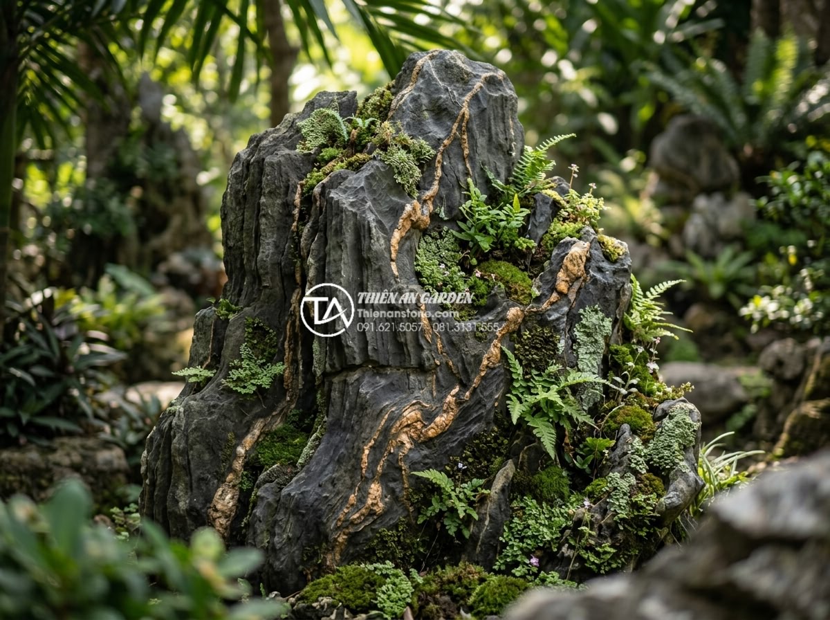 Đá Trầm Tích - Mature sedimentary rock in an established garden showing rich ecosystem with var