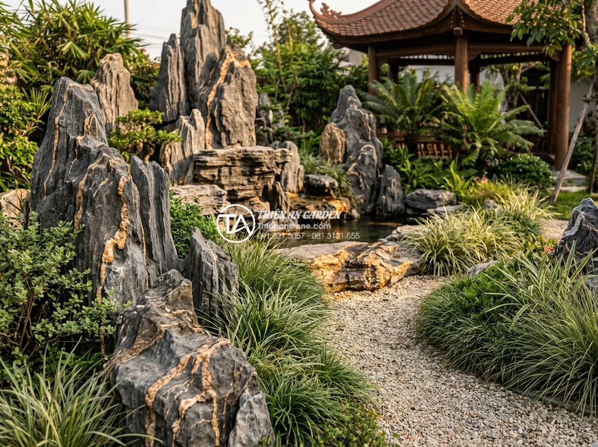 Đá Trầm Tích - Garden composition combining sedimentary rocks with smooth cloud-patterned river