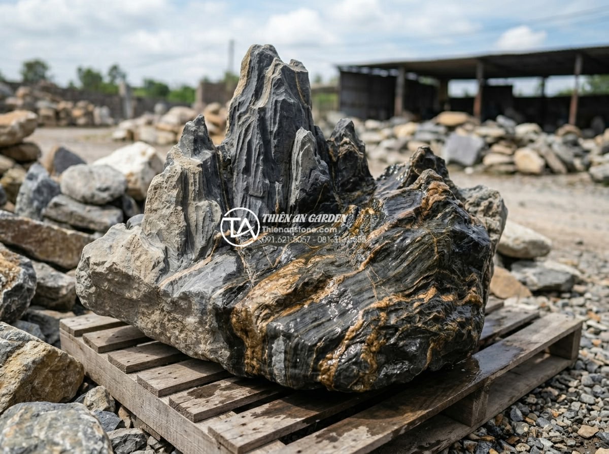 Đá Trầm Tích - Person pouring water over a sedimentary rock at a stone yard to reveal enhanced 