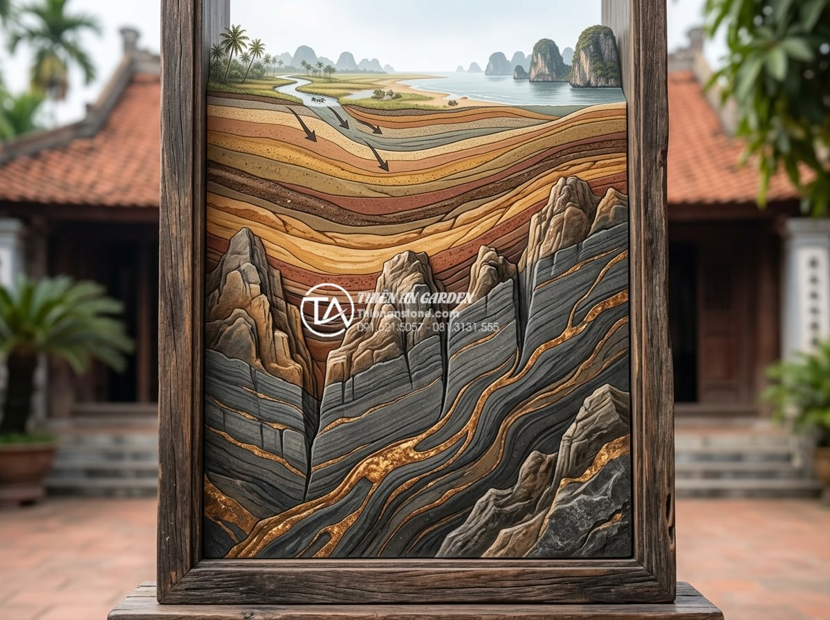 Đá Trầm Tích - Dramatic geological cross-section illustration showing sedimentary rock formatio