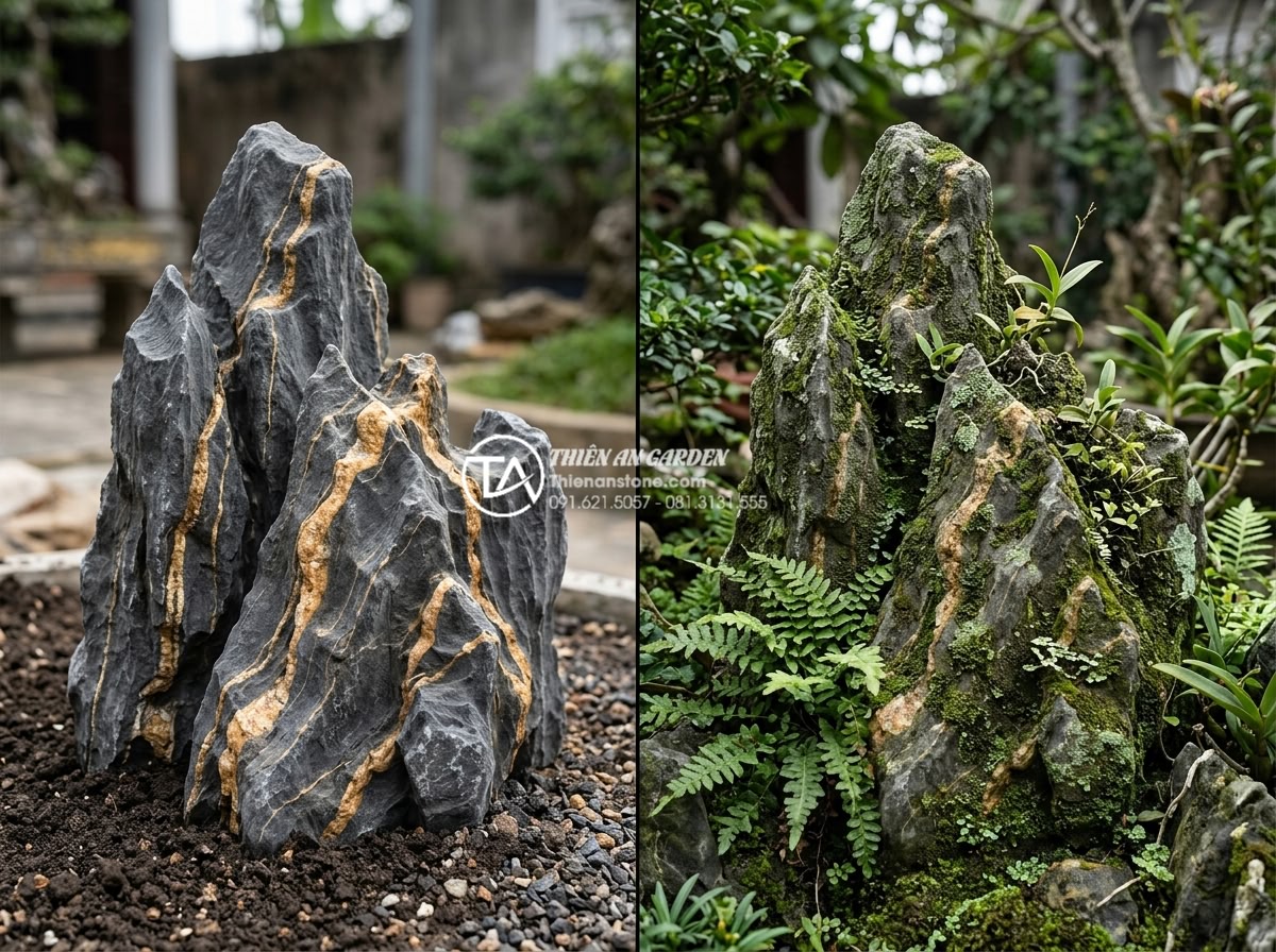 Đá Trầm Tích - Comparison of newly placed sedimentary rock versus same rock after several years