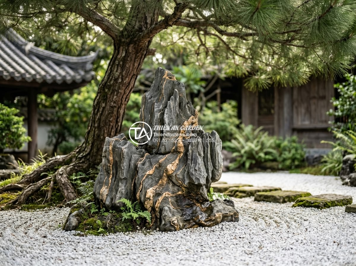 Đá Trầm Tích - Sedimentary rock placed beneath a mature pine tree in a traditional Eastern gard