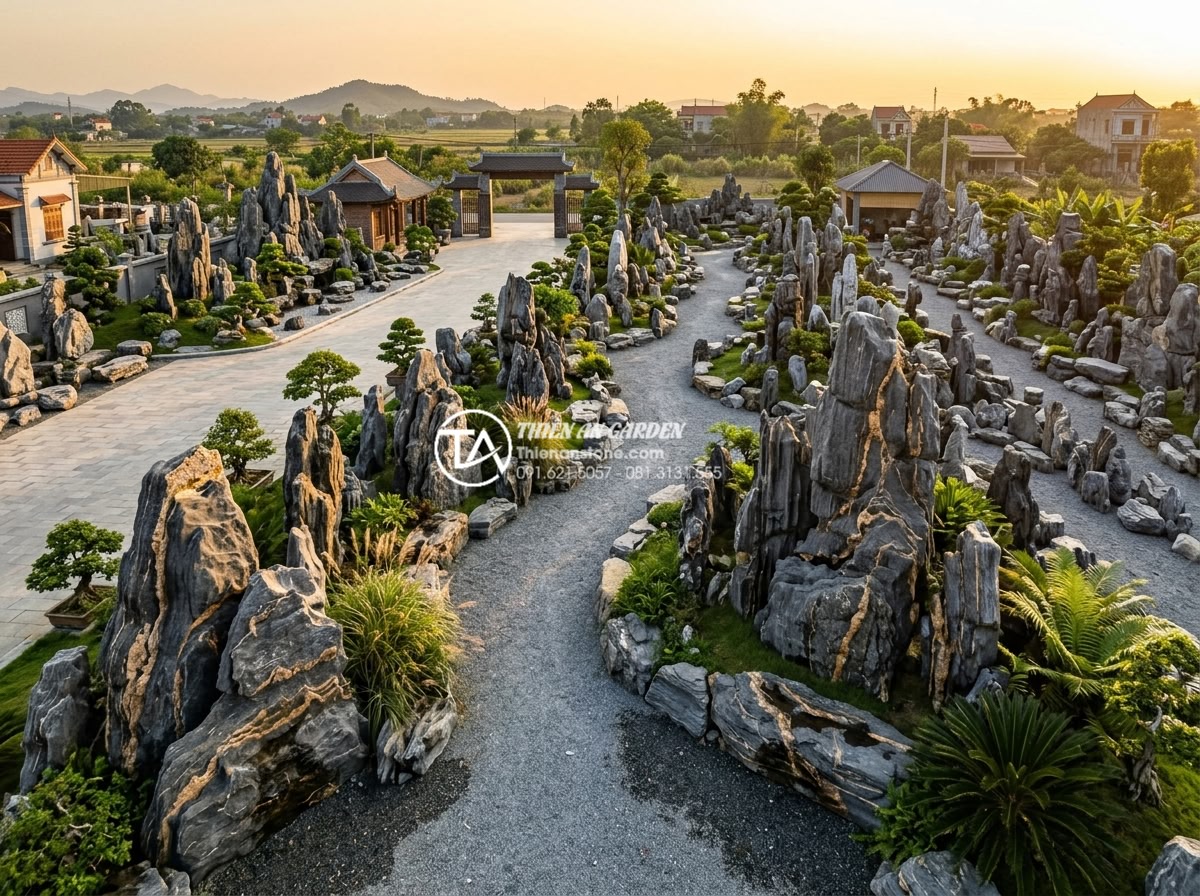 Đá Trầm Tích - Thiên An Stone yard panoramic view showing curated collection of premium sedimen