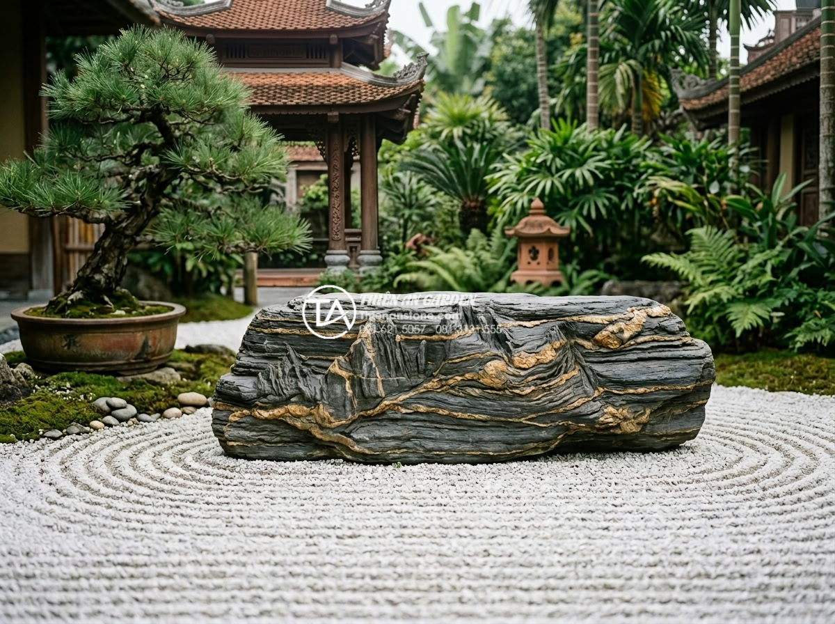Đá Trầm Tích - Horizontal layered sedimentary rock placed flat in a zen garden setting, paralle