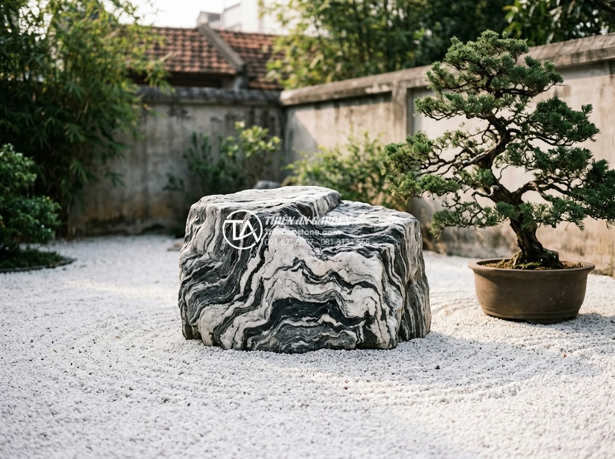Đá Tuyết Sơn - Hình 13 Đá Tuyết Sơn - Large block-shaped Tuyet Son stone placed as centerpiece on white gravel bed in