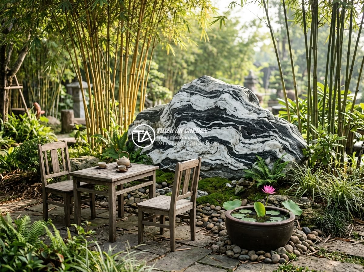 Đá Tuyết Sơn - Hình 23 Đá Tuyết Sơn - Peaceful garden corner with Tuyet Son stone, bamboo grove, small lotus pot, wood
