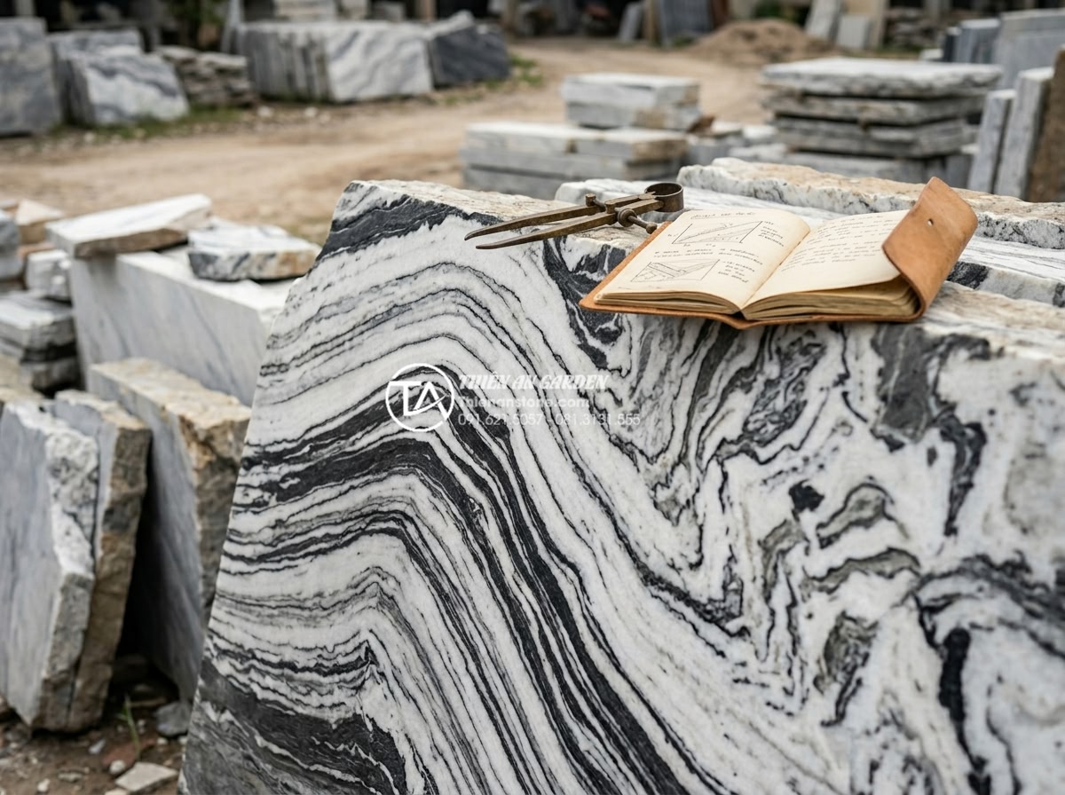 Đá Tuyết Sơn - Hình 28 Đá Tuyết Sơn - Customer carefully examining and selecting Tuyet Son stones at outdoor stone yar