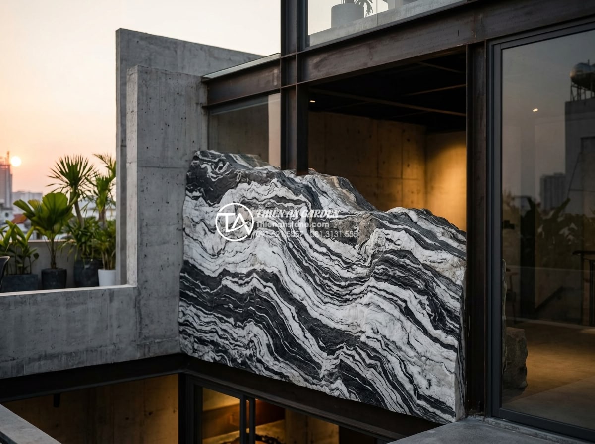 Đá Tuyết Sơn - Hình 37 Đá Tuyết Sơn - Tuyet Son stone integrated into industrial chic outdoor space with exposed steel