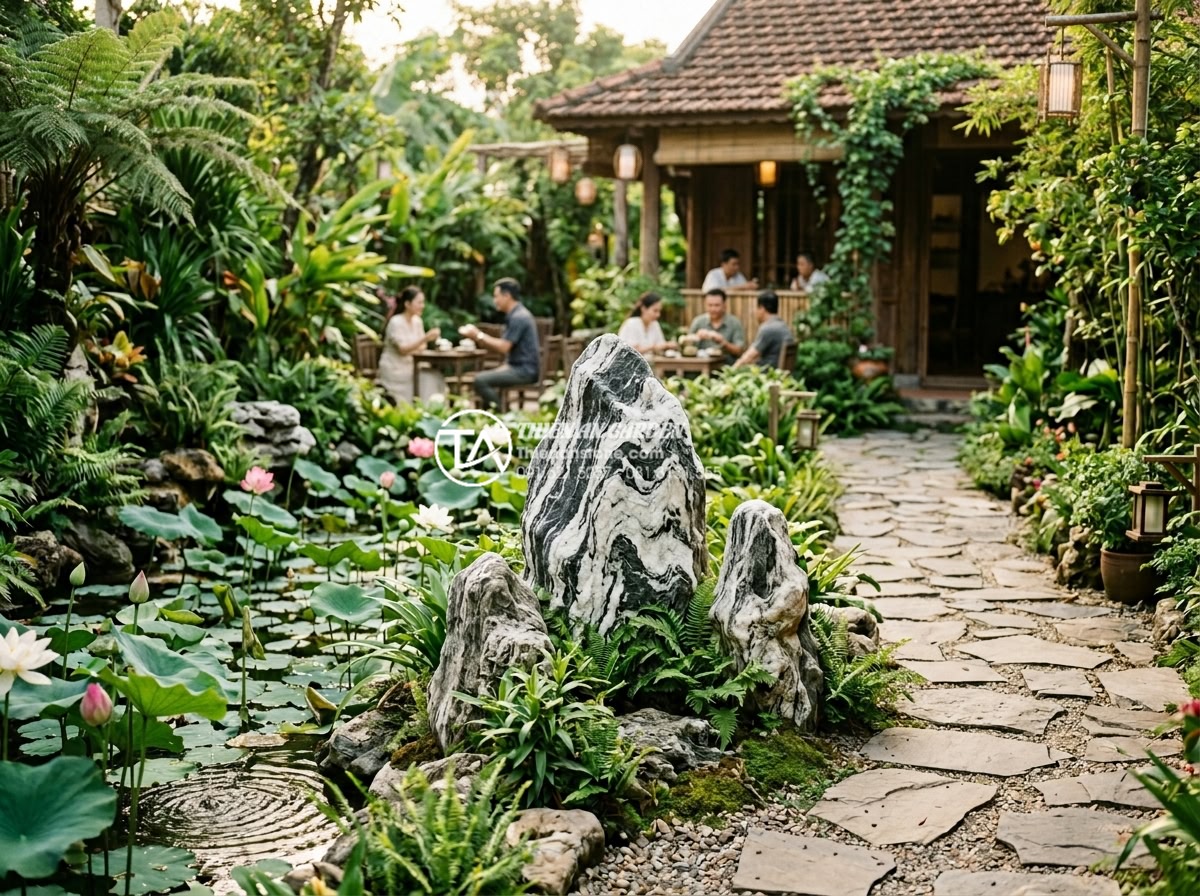 Đá Tuyết Sơn - Hình 41 Đá Tuyết Sơn - Tranquil cafe garden entrance with group of three Tuyet Son stones beside lotus