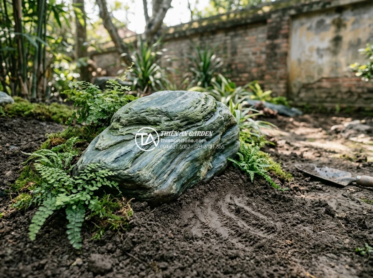 Đá Xanh Nhật Bản - Hình 17 Đá Xanh Nhật Bản - Master gardener positioning Japanese blue stone in garden, partially buried in s