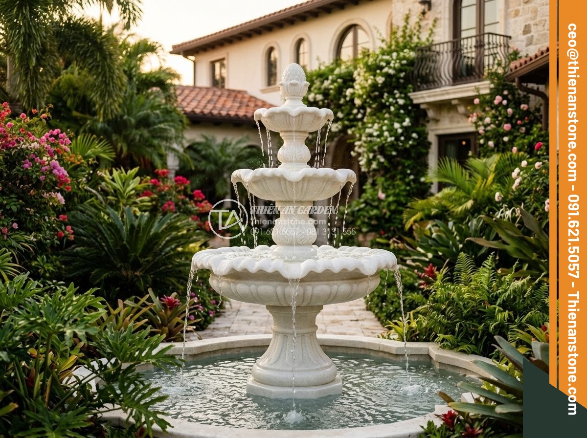Đài Phun Nước Bằng Đá - Hình 1 Đài Phun Nước Bằng Đá - Elegant natural stone water fountain in a luxury villa courtyard garden, multi-t
