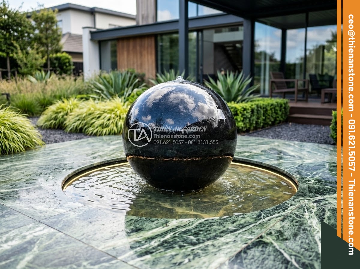Đài Phun Nước Bằng Đá - Hình 10 Đài Phun Nước Bằng Đá - Modern black granite sphere fountain ball floating on thin water film in a conte