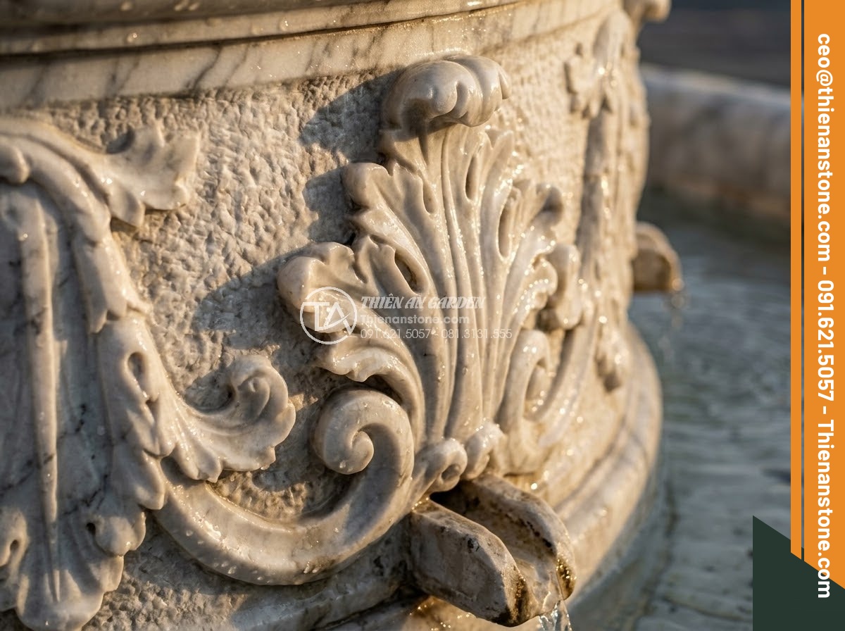 Đài Phun Nước Bằng Đá - Hình 14 Đài Phun Nước Bằng Đá - Detailed close-up of ornate classical European-style carved stone fountain with