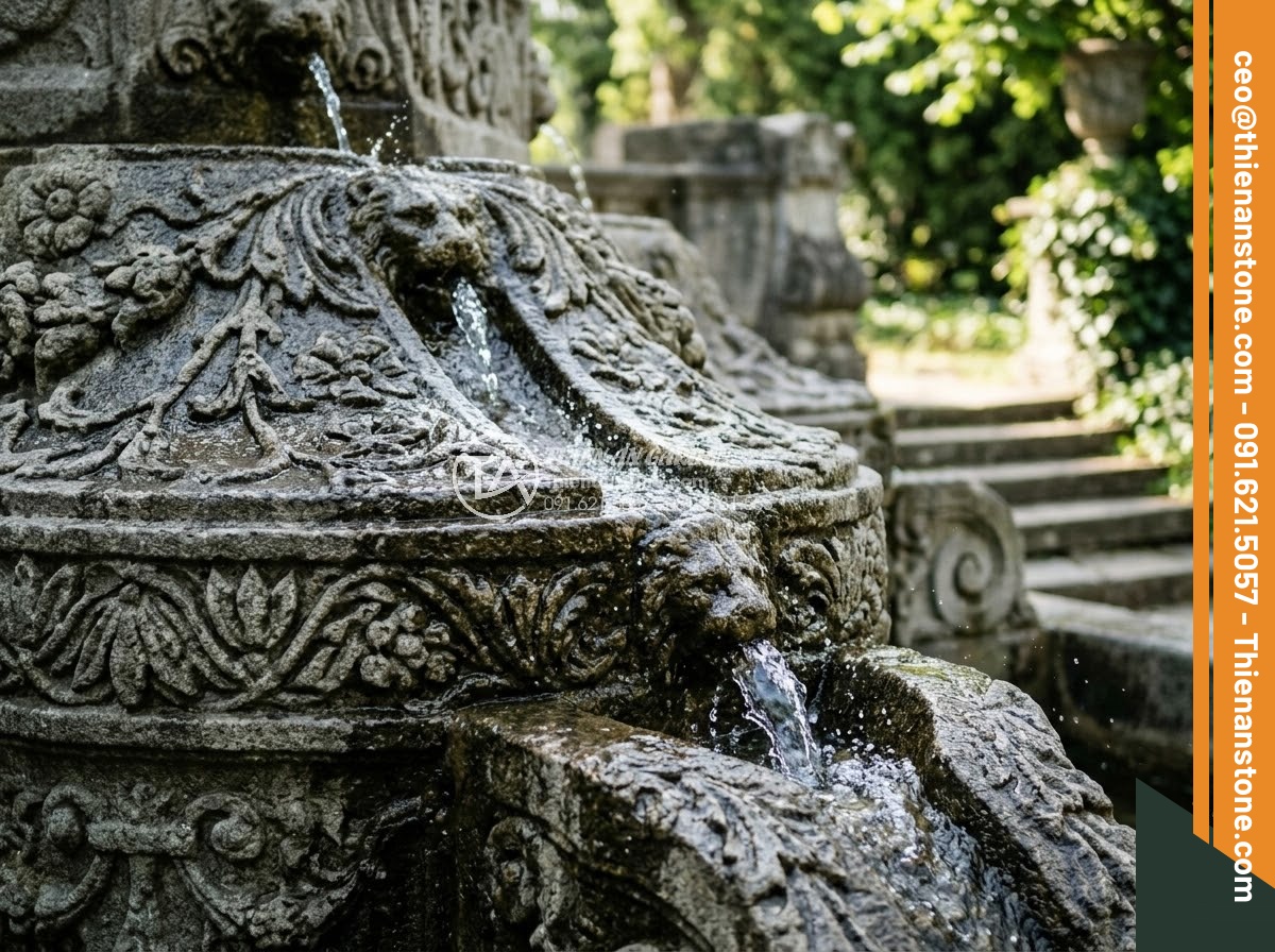 Đài Phun Nước Bằng Đá - Hình 15 Đài Phun Nước Bằng Đá - Water flowing over intricately carved stone fountain detail, water following car