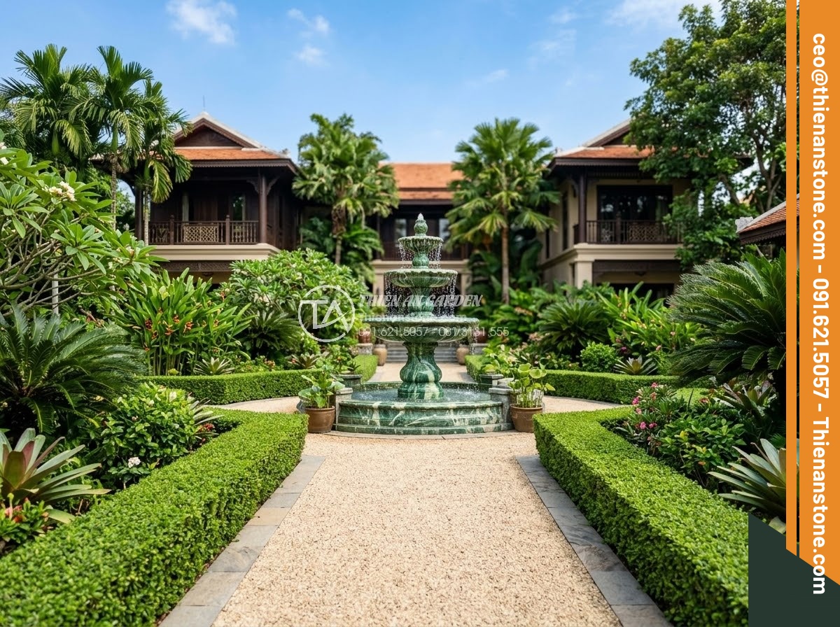 Đài Phun Nước Bằng Đá - Hình 16 Đài Phun Nước Bằng Đá - Grand three-tiered natural stone fountain as centerpiece of a luxury Vietnamese