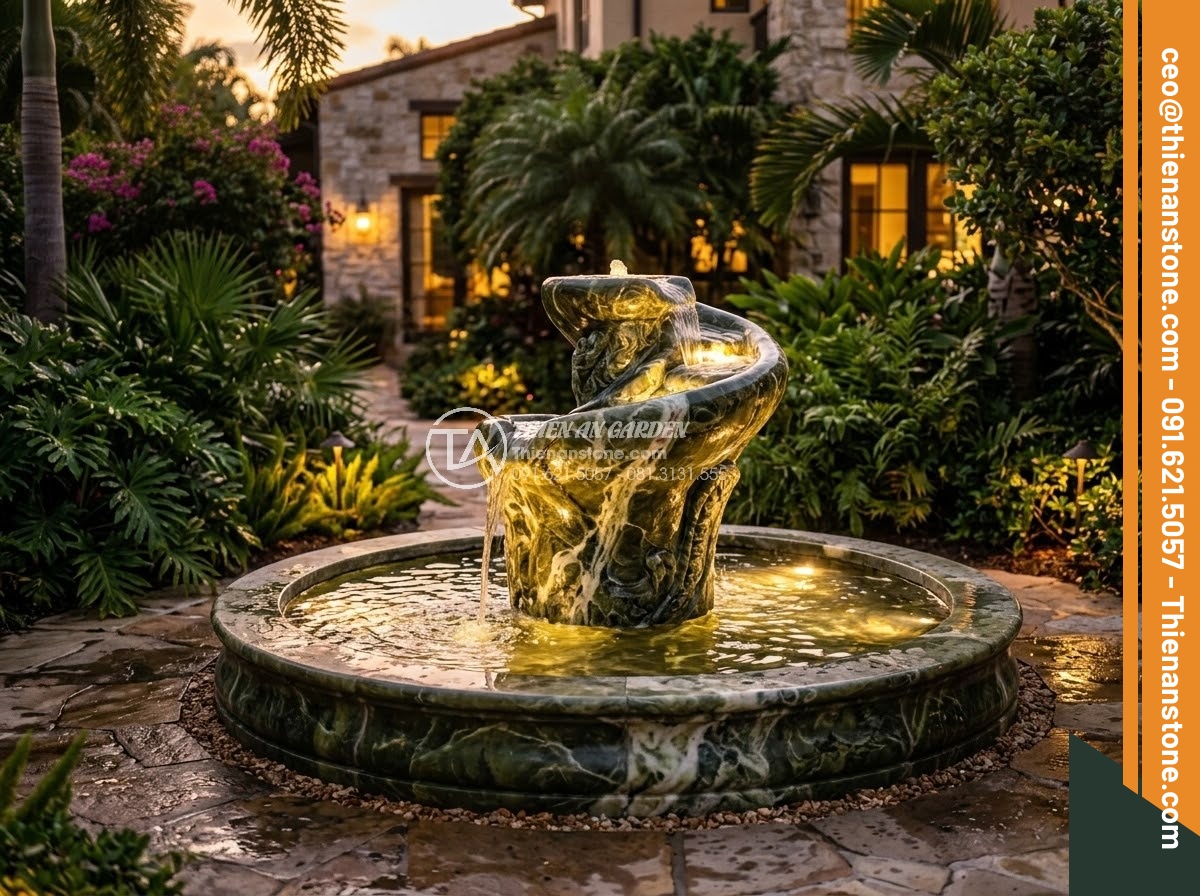 Đài Phun Nước Bằng Đá - Hình 17 Đài Phun Nước Bằng Đá - Evening scene of stone water fountain in villa garden illuminated by warm landsc