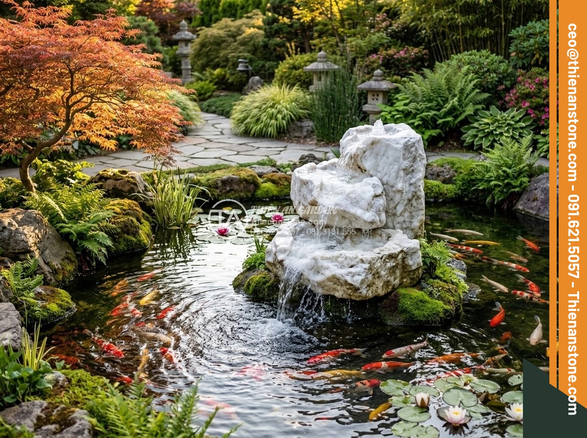 Đài Phun Nước Bằng Đá - Hình 19 Đài Phun Nước Bằng Đá - Natural stone water fountain integrated with koi pond in a luxury garden, colorf