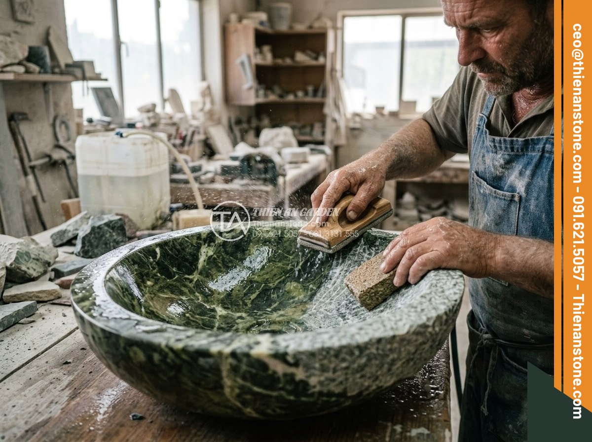Đài Phun Nước Bằng Đá - Hình 23 Đài Phun Nước Bằng Đá - Craftsman carefully polishing the inner bowl of a stone fountain tier using hand