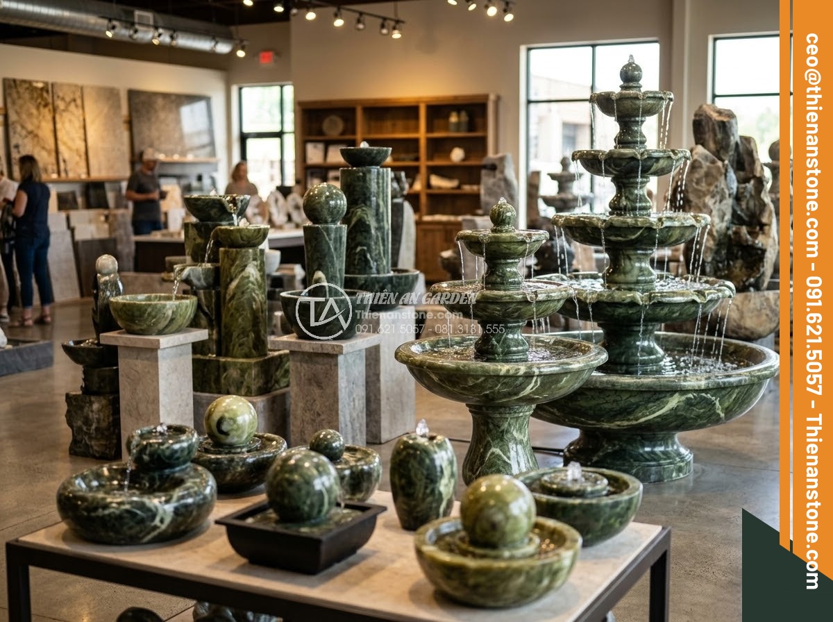Đài Phun Nước Bằng Đá - Hình 29 Đài Phun Nước Bằng Đá - Showroom display of various natural stone water fountains in different sizes and