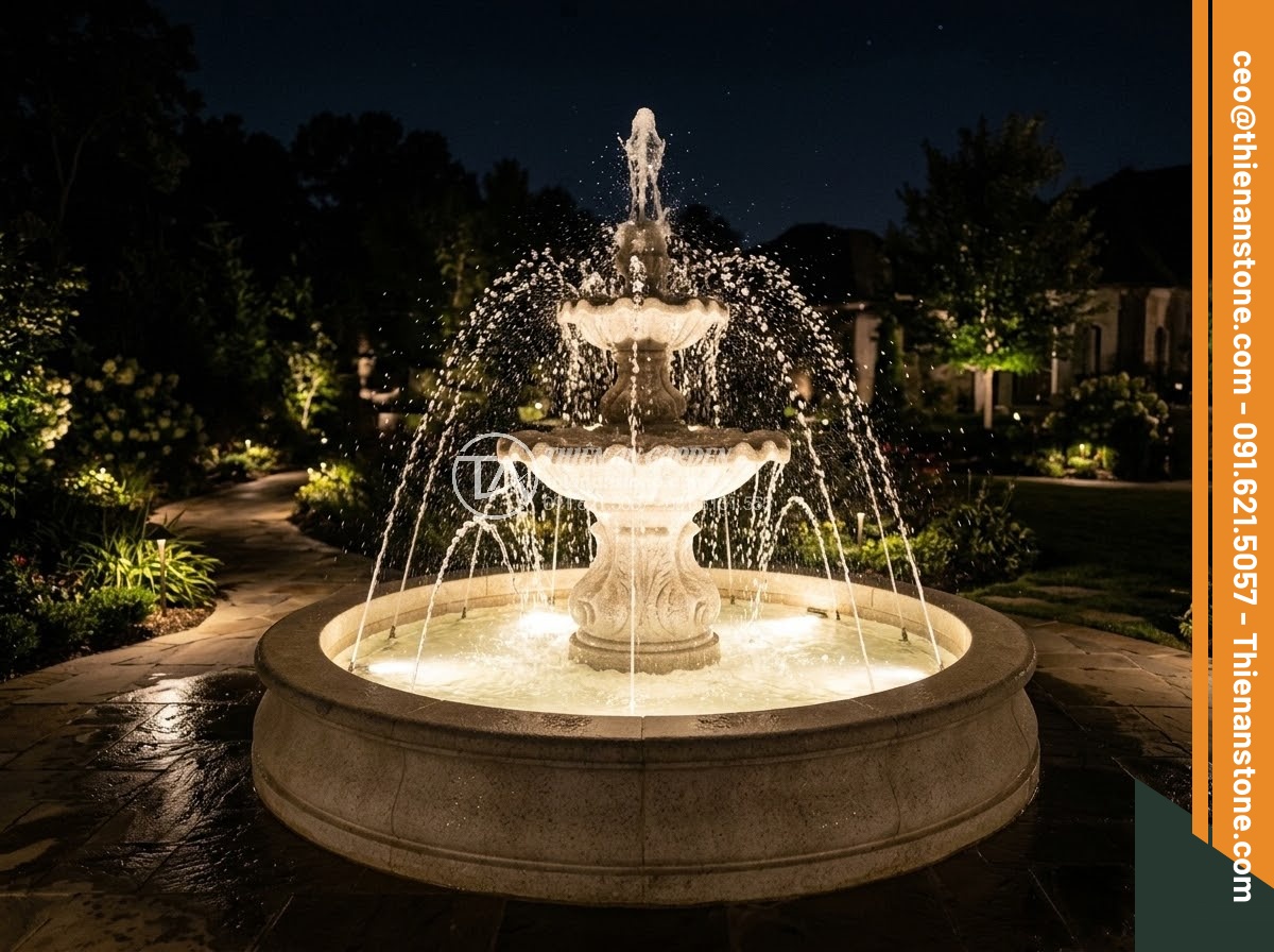 Đài Phun Nước Bằng Đá - Hình 37 Đài Phun Nước Bằng Đá - Stunning stone water fountain illuminated at night with underwater LED lights in