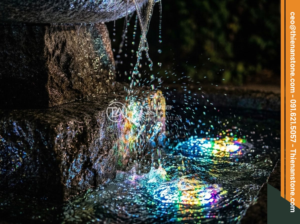 Đài Phun Nước Bằng Đá - Hình 39 Đài Phun Nước Bằng Đá - Close-up of underwater LED lights illuminating stone fountain base at night, col