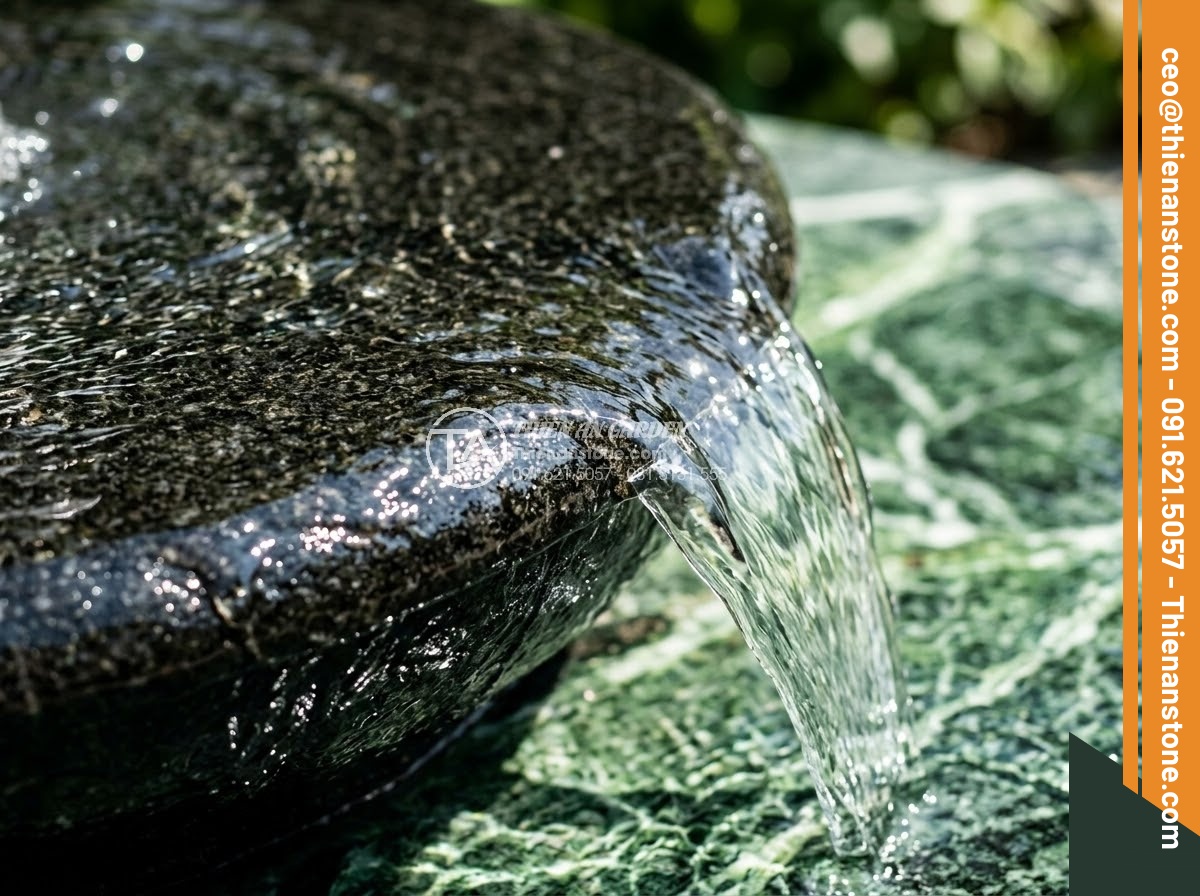 Đài Phun Nước Bằng Đá - Hình 4 Đài Phun Nước Bằng Đá - Close-up detail of polished black granite stone fountain tier with crystal clear