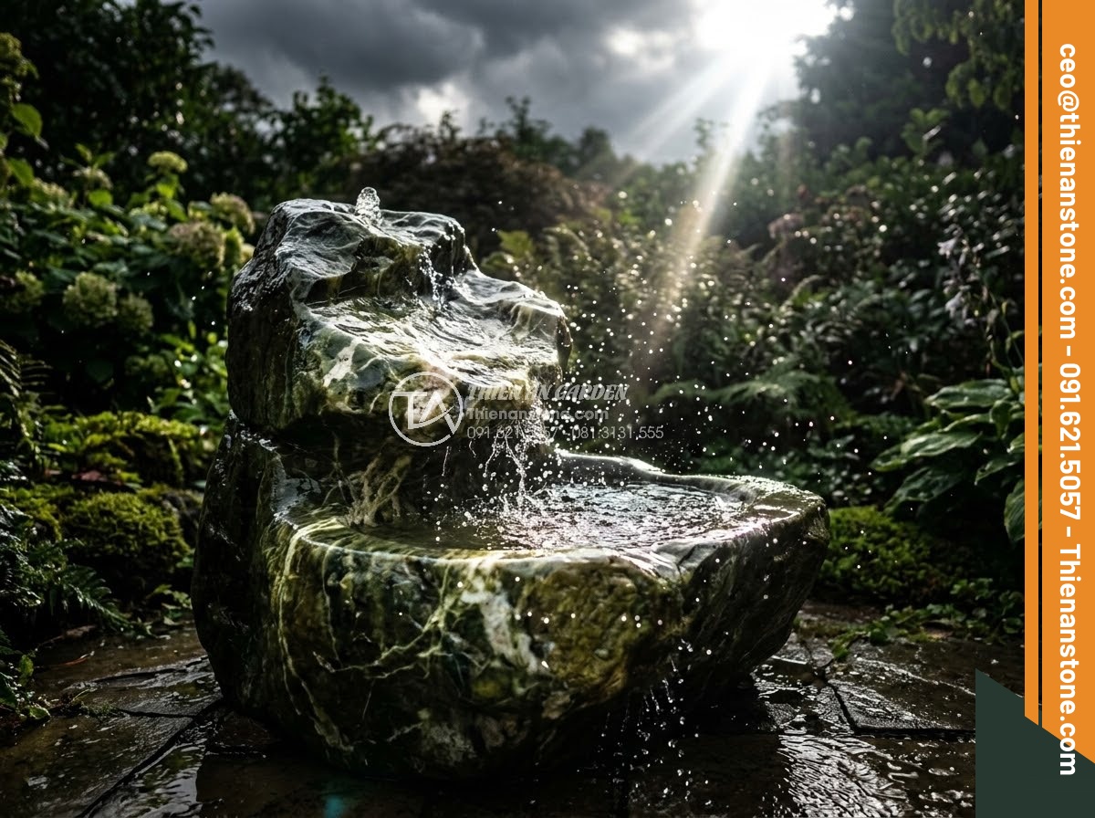 Đài Phun Nước Bằng Đá - Hình 41 Đài Phun Nước Bằng Đá - Dramatic post-rain lighting on natural stone fountain, sunbeam breaking through