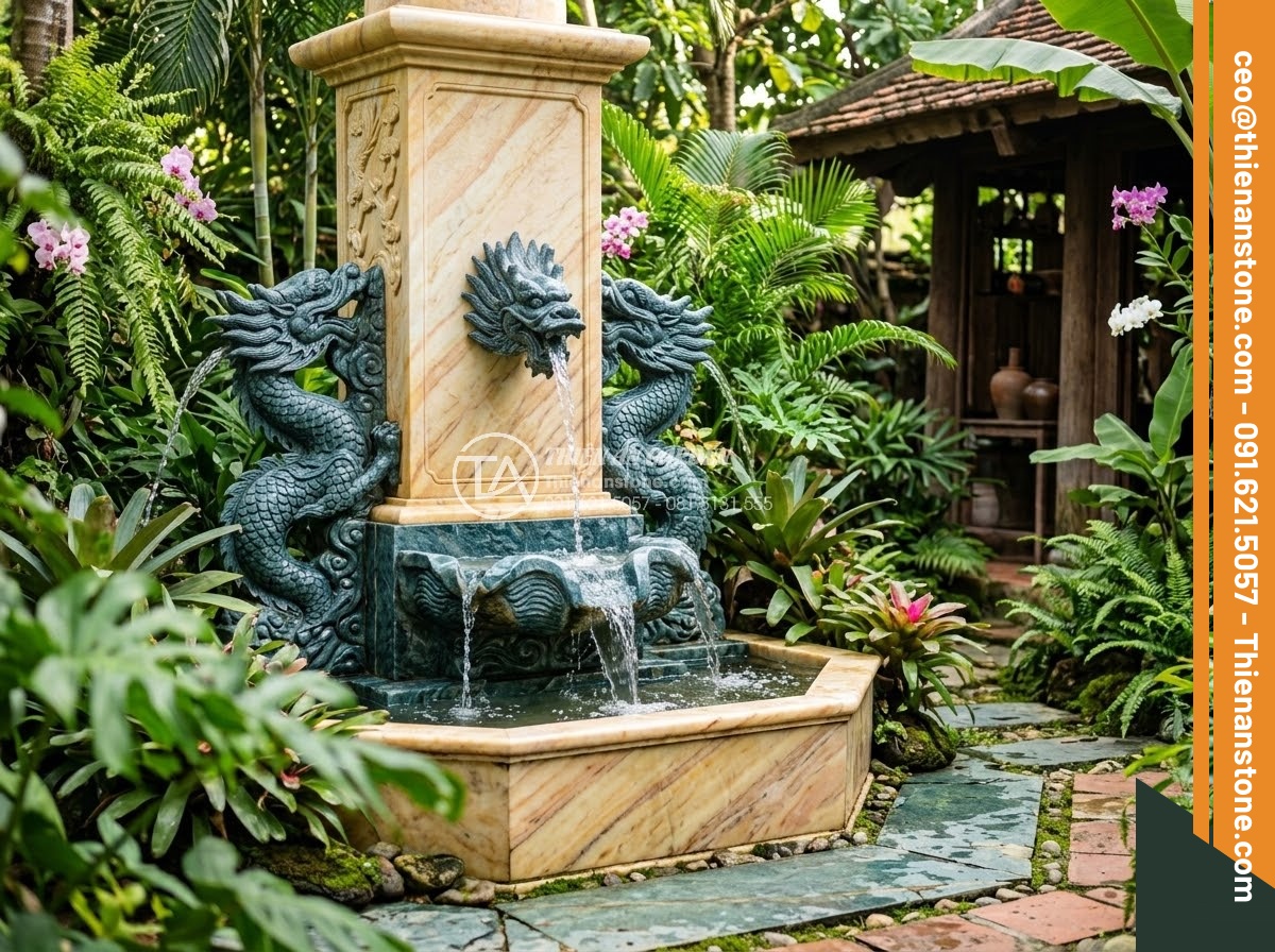 Đài Phun Nước Bằng Đá - Hình 6 Đài Phun Nước Bằng Đá - Vietnamese blue natural stone fountain with traditional dragon carvings in a tro
