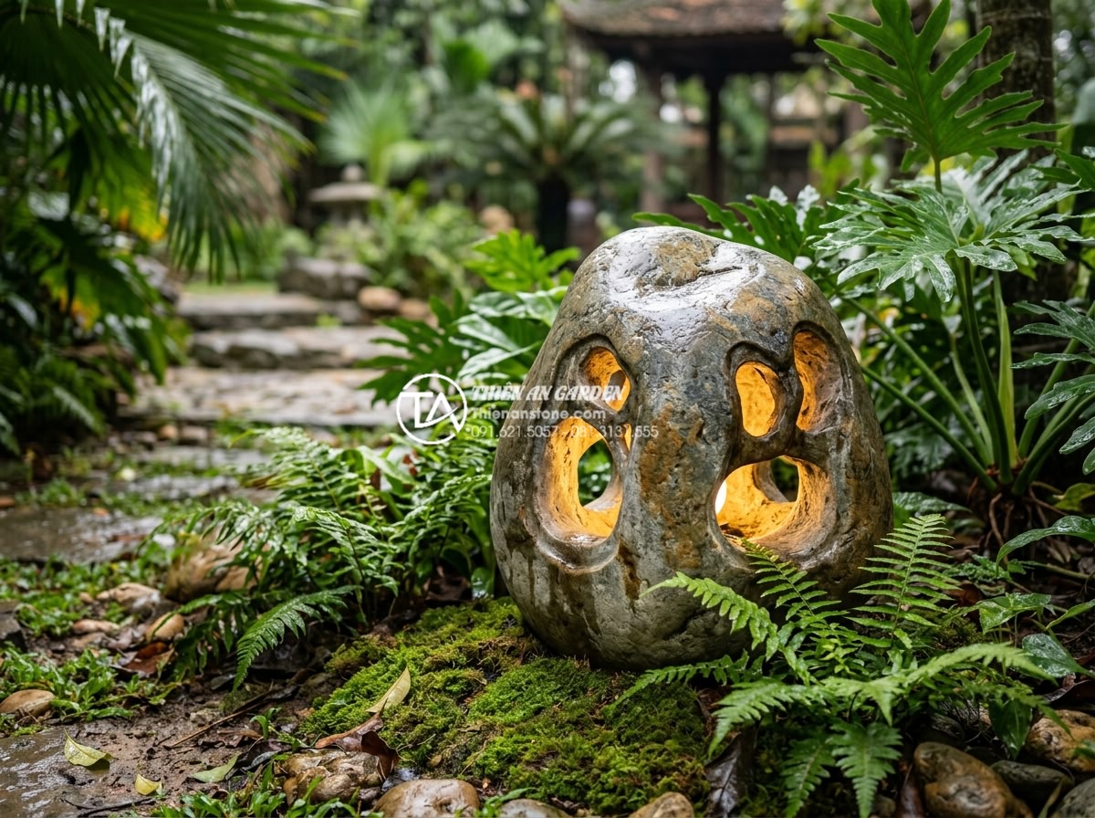 Đèn Đá Sân Vườn - Natural boulder stone lantern with organic irregular shape, warm light glowing t