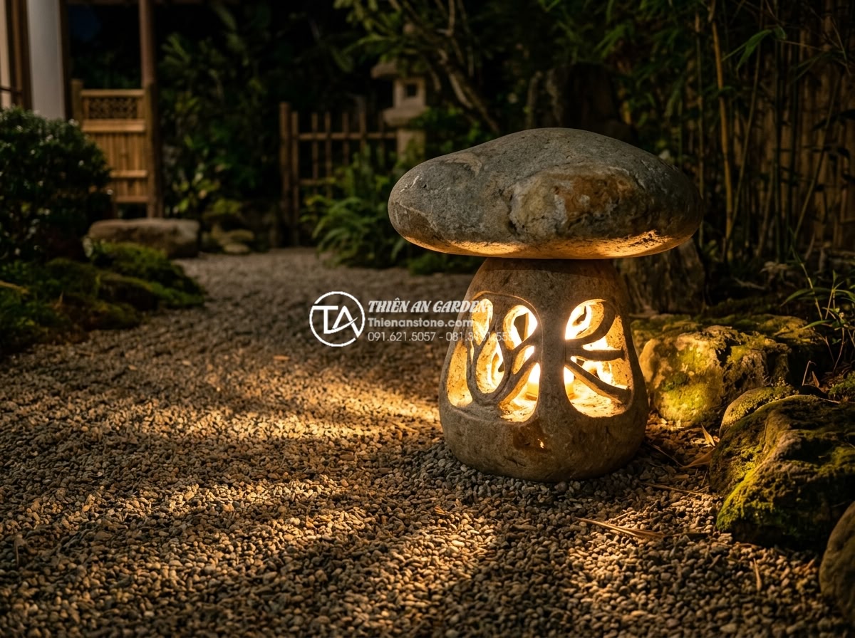 Đèn Đá Sân Vườn - Stone lantern at night creating beautiful shadow and light patterns on gravel ga