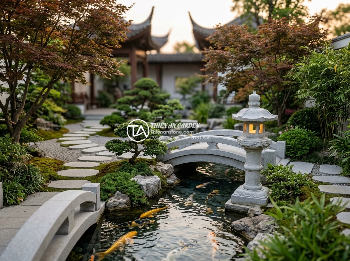 Đèn Đá Sân Vườn - Complete Japanese-style garden scene with stone lantern, stone bridge over strea