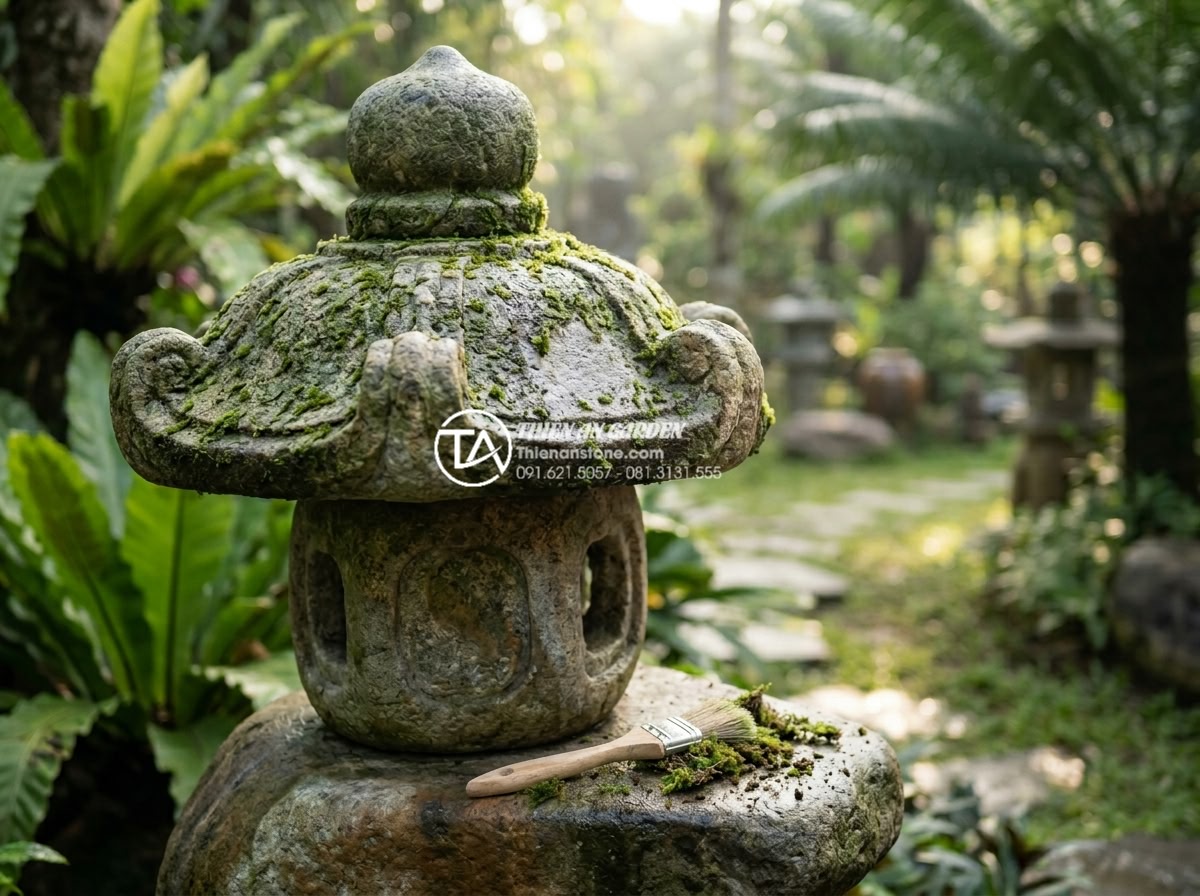 Đèn Đá Sân Vườn - Gardener gently cleaning moss from stone lantern surface with soft brush, garden
