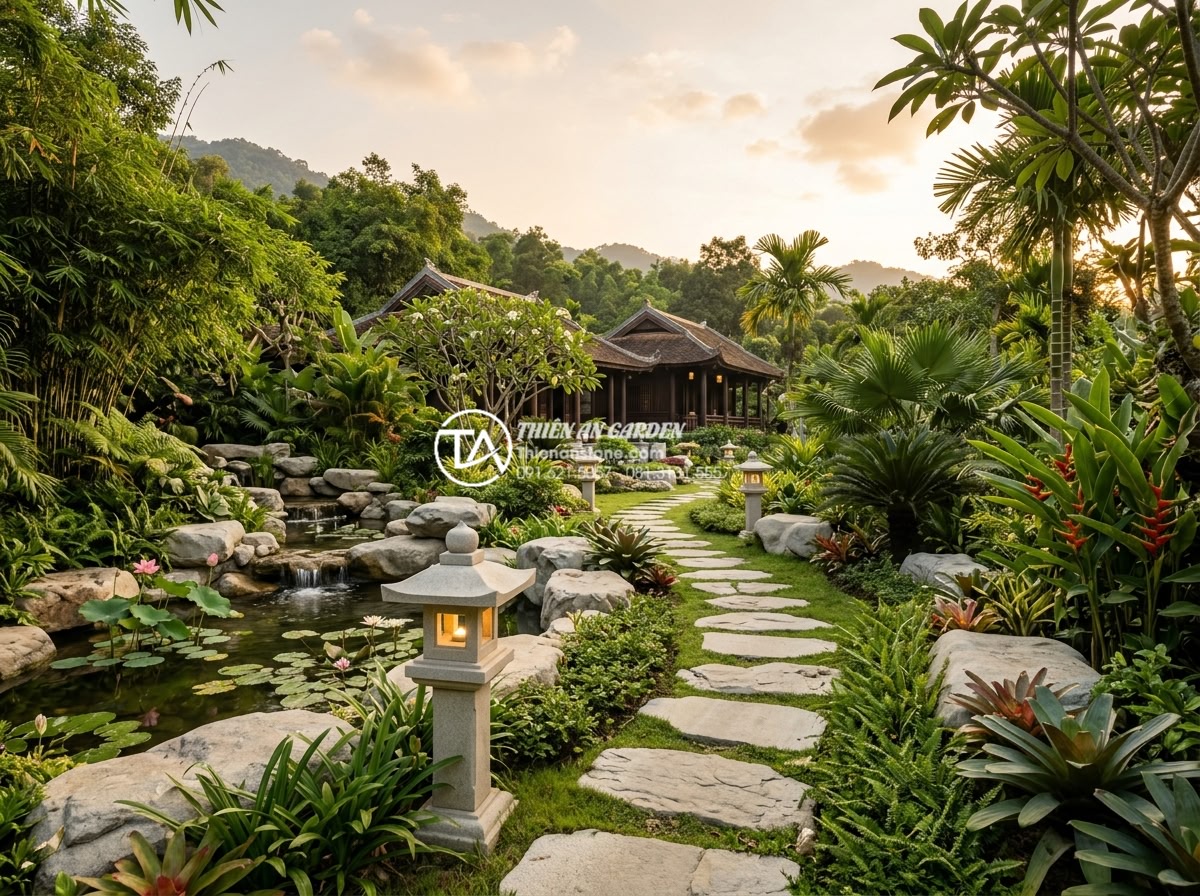 Đèn Đá Sân Vườn - Panoramic view of a complete luxury garden landscape incorporating stone lantern