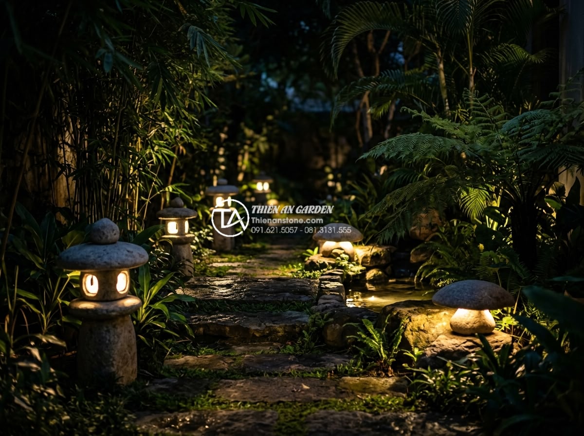 Đèn Đá Sân Vườn - Nighttime garden scene showing strategic placement of multiple stone lanterns cr