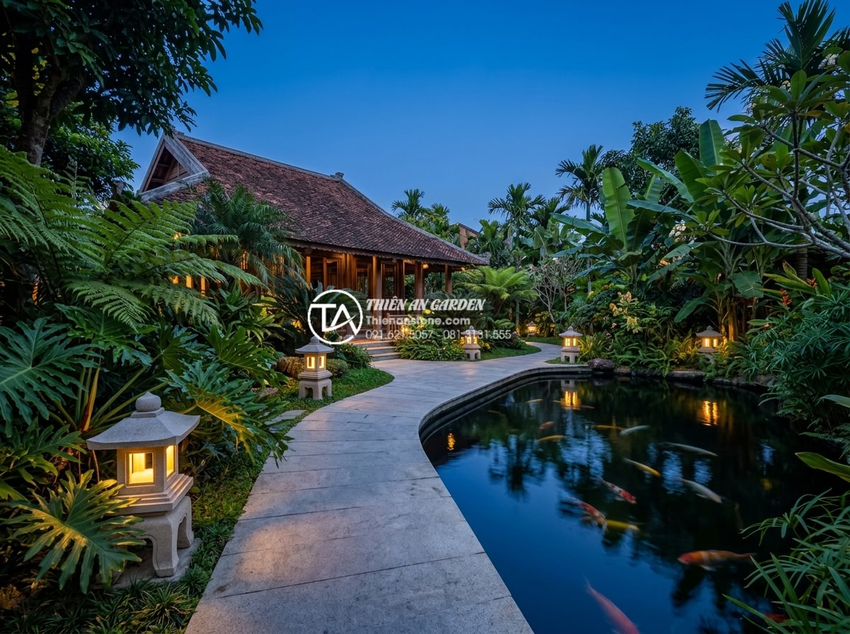 Đèn Đá Sân Vườn - Stunning final shot of a luxury Vietnamese villa garden at blue hour with stone 