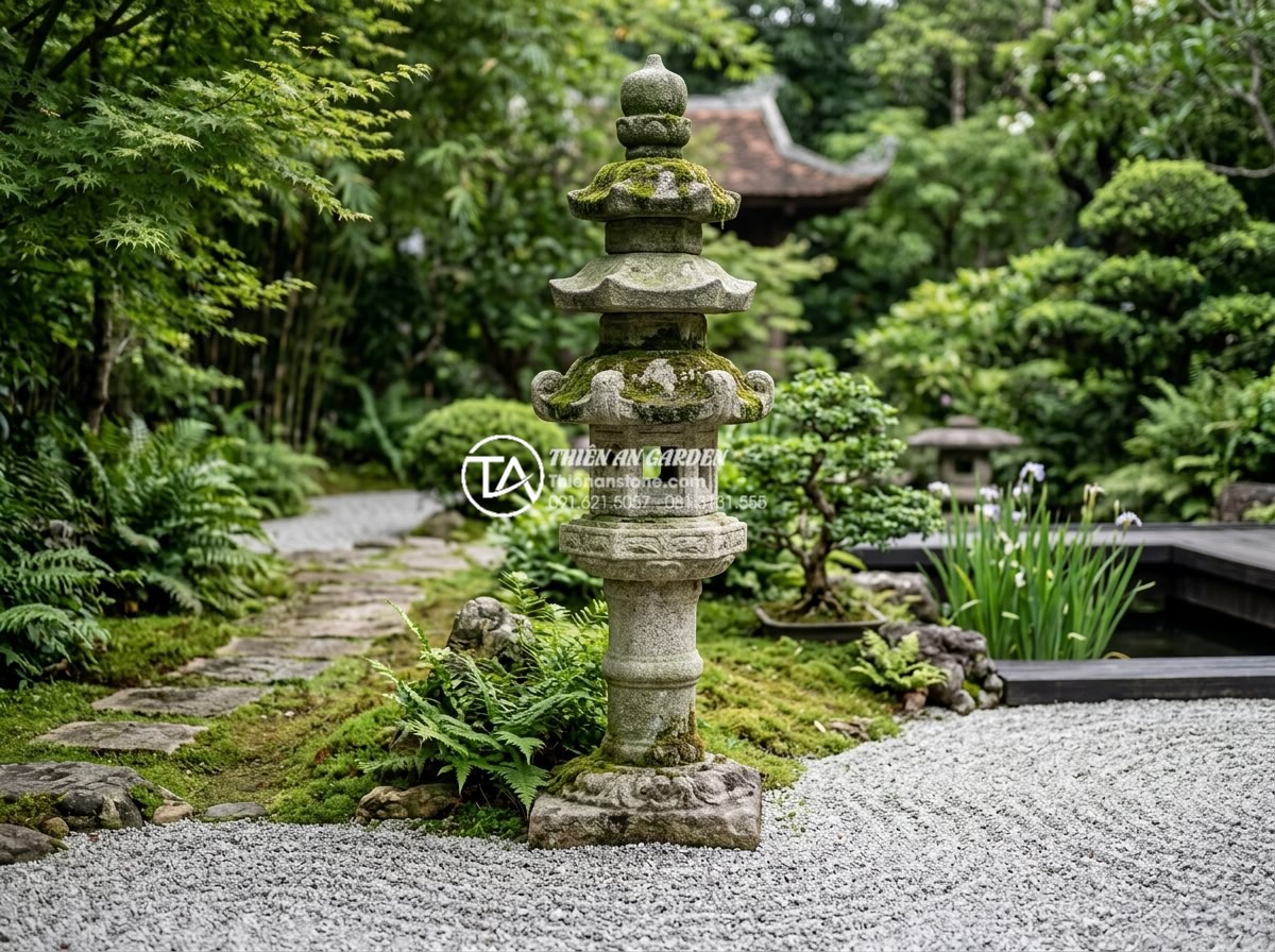 Đèn Đá Sân Vườn - Traditional Japanese Toro stone lantern in a serene Zen garden, five-tier design
