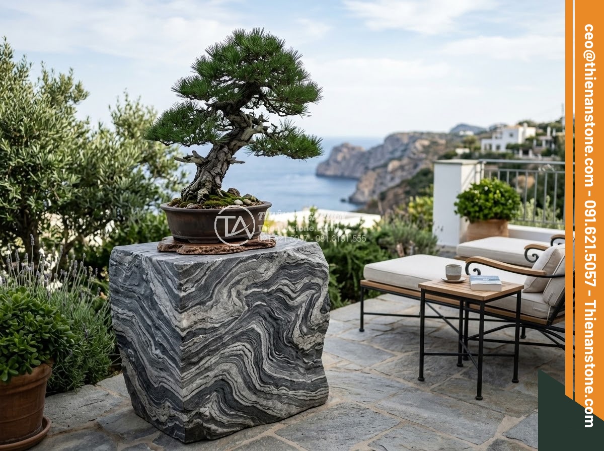 Đôn Đá Tự Nhiên - Hình 11 Đôn Đá Tự Nhiên - Natural stone pedestal used as bonsai display stand in a luxury villa terrace, m