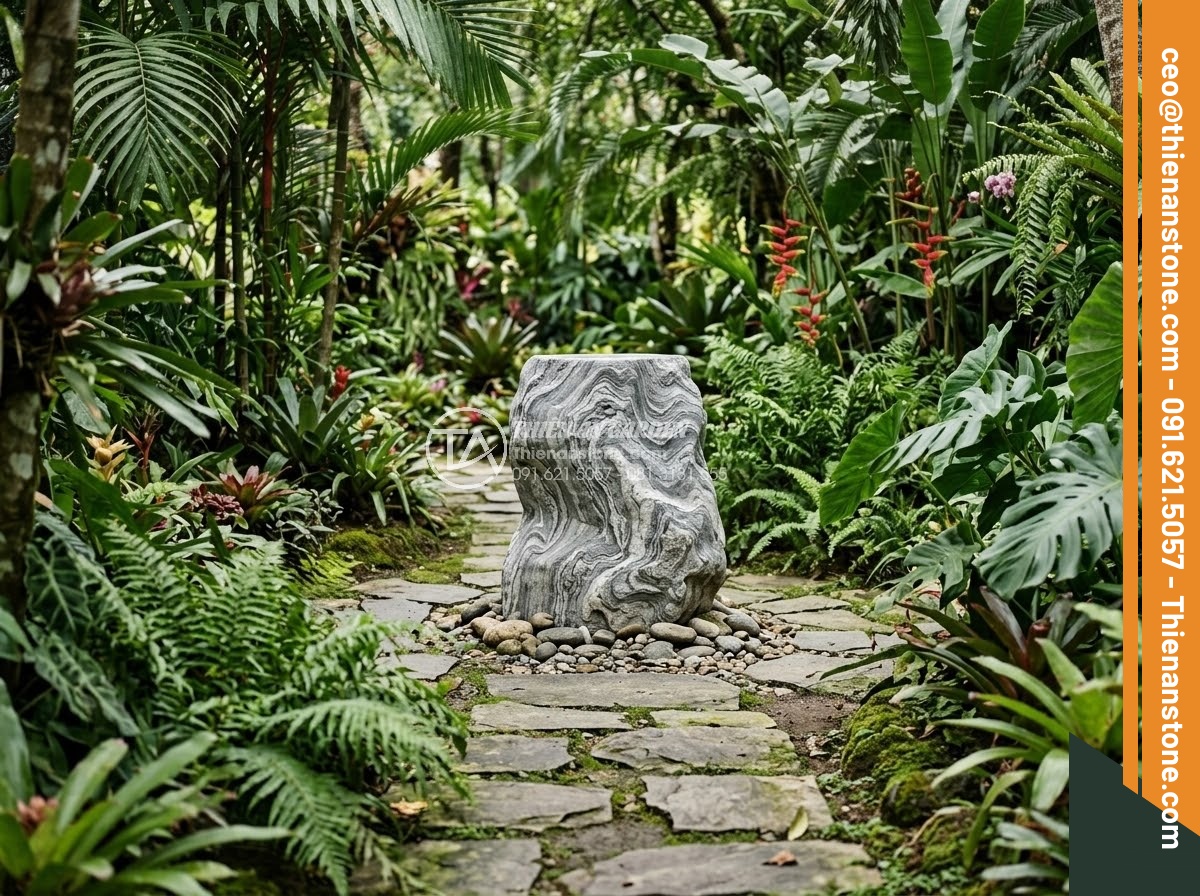 Đôn Đá Tự Nhiên - Hình 15 Đôn Đá Tự Nhiên - Natural stone pedestal at the end of a garden stone pathway, dramatic focal poin