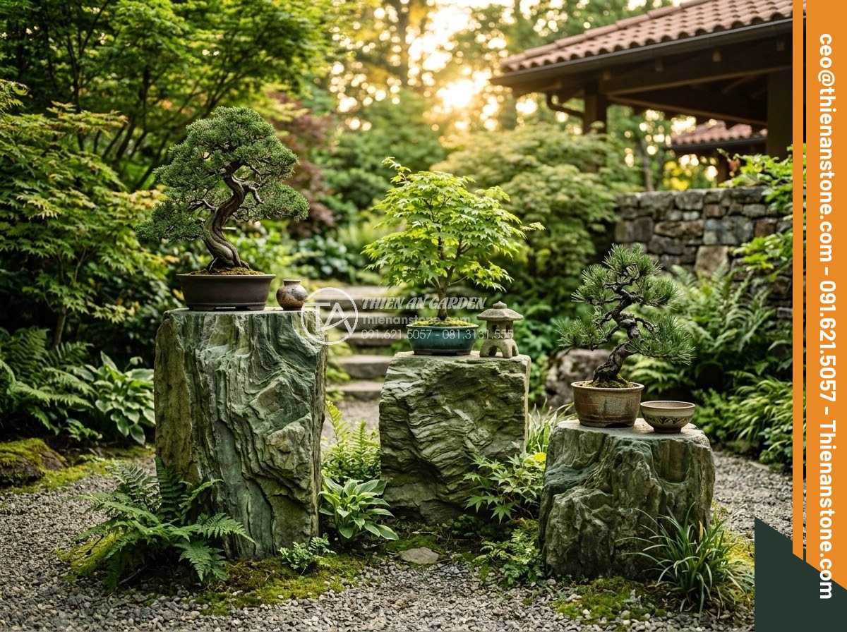 Đôn Đá Tự Nhiên - Hình 16 Đôn Đá Tự Nhiên - Three natural stone pedestals of different heights arranged in a villa garden, s