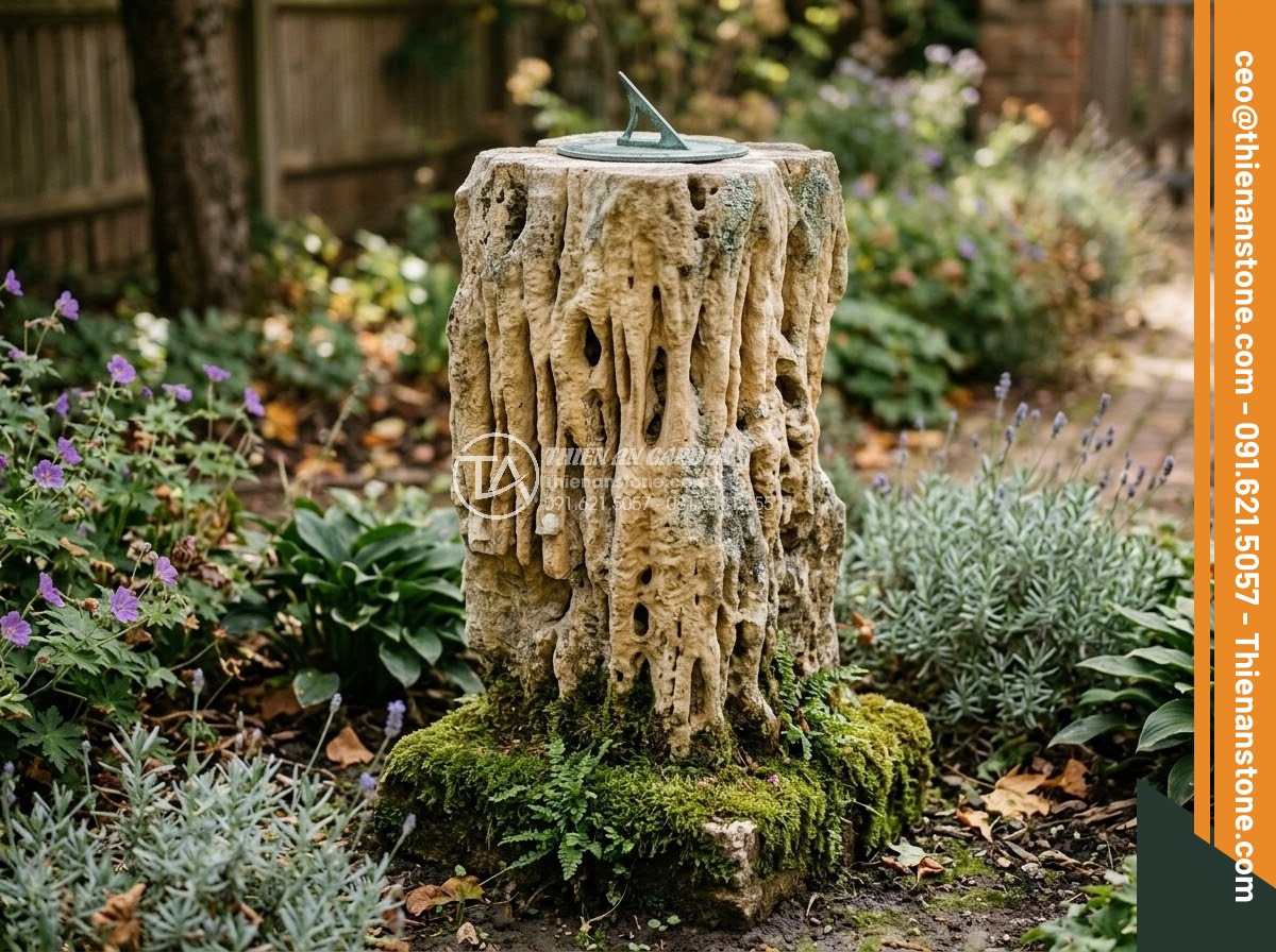 Đôn Đá Tự Nhiên - Hình 18 Đôn Đá Tự Nhiên - Weathered natural stone pedestal in garden showing beautiful patina, aged textur