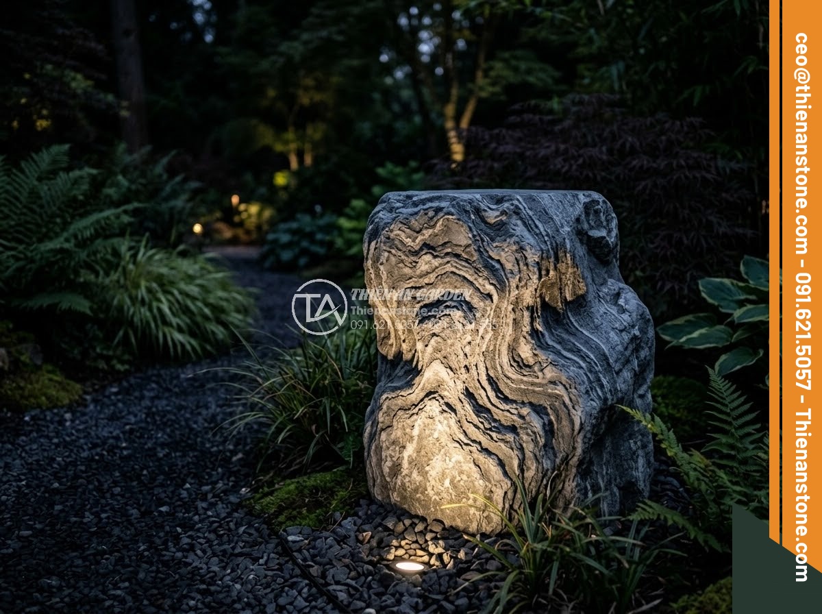 Đôn Đá Tự Nhiên - Hình 19 Đôn Đá Tự Nhiên - Natural stone pedestal illuminated by garden uplight at night, dramatic shadow p