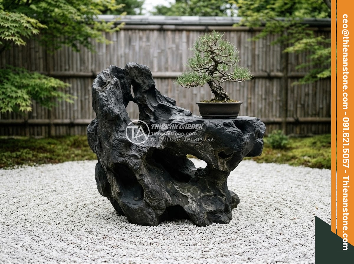 Đôn Đá Tự Nhiên - Hình 21 Đôn Đá Tự Nhiên - Natural stone pedestal in authentic Japanese zen garden, raked white gravel, sma