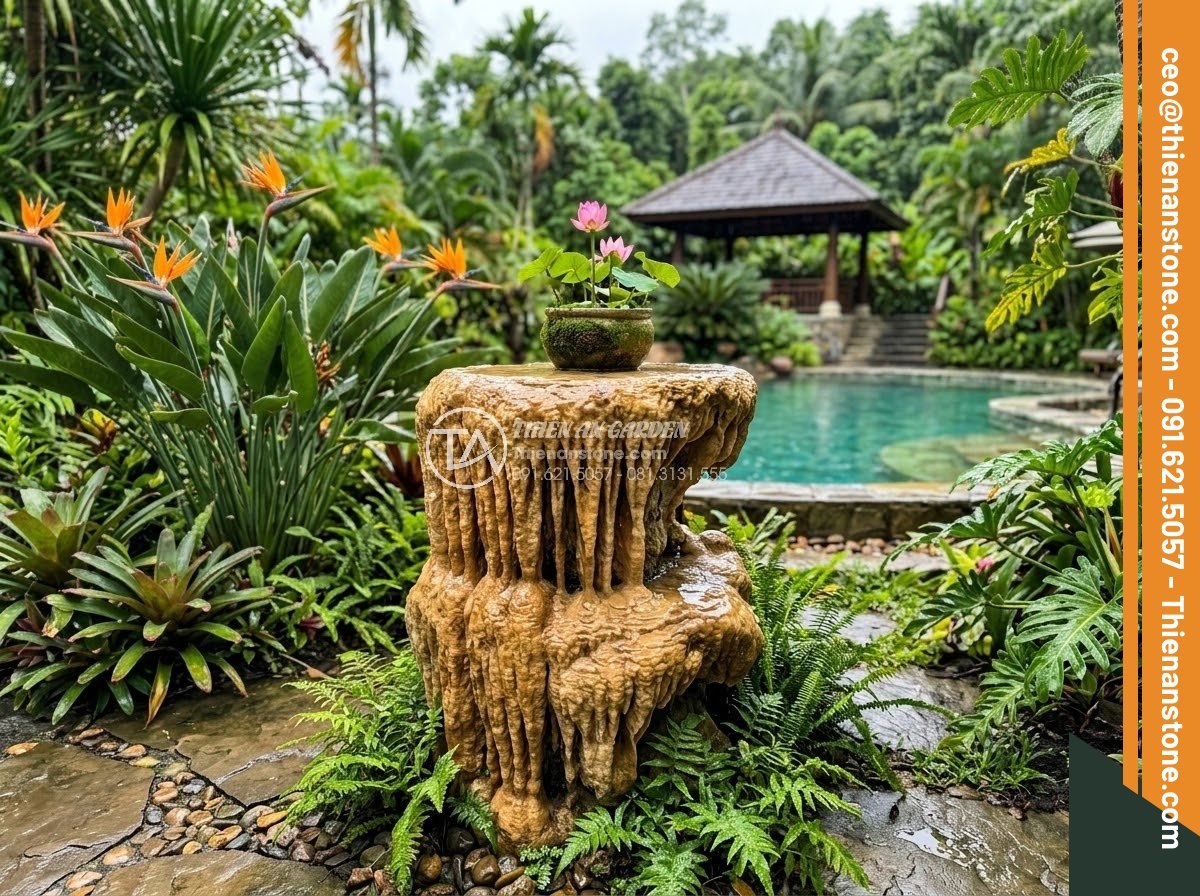Đôn Đá Tự Nhiên - Hình 22 Đôn Đá Tự Nhiên - Natural stone pedestal in lush tropical Vietnamese garden, exotic plants, bird o