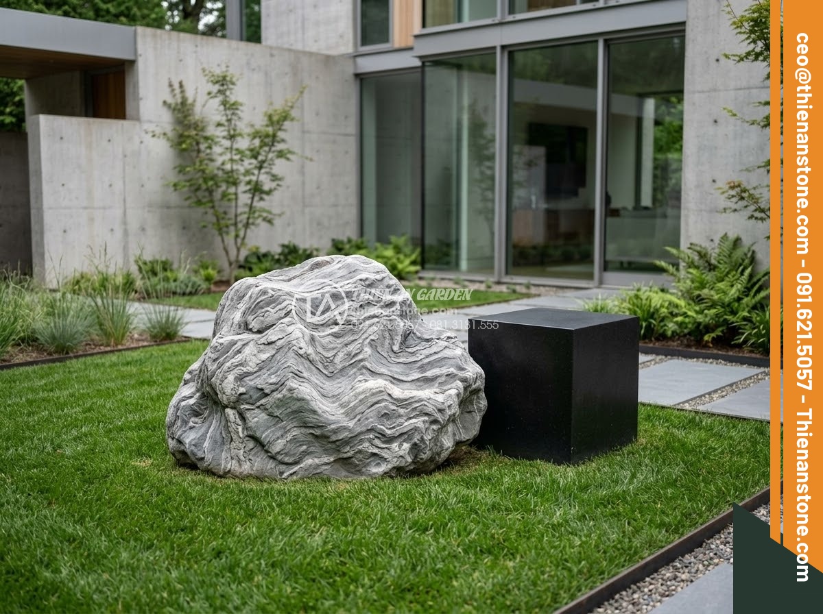 Đôn Đá Tự Nhiên - Hình 23 Đôn Đá Tự Nhiên - Minimalist modern garden with single black granite pedestal on manicured lawn, g