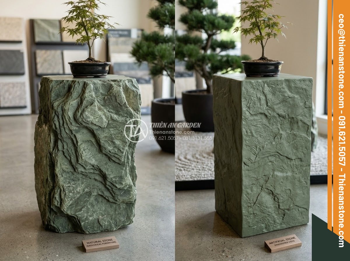 Đôn Đá Tự Nhiên - Hình 28 Đôn Đá Tự Nhiên - Comparison display of natural stone pedestal versus artificial stone pedestal, s