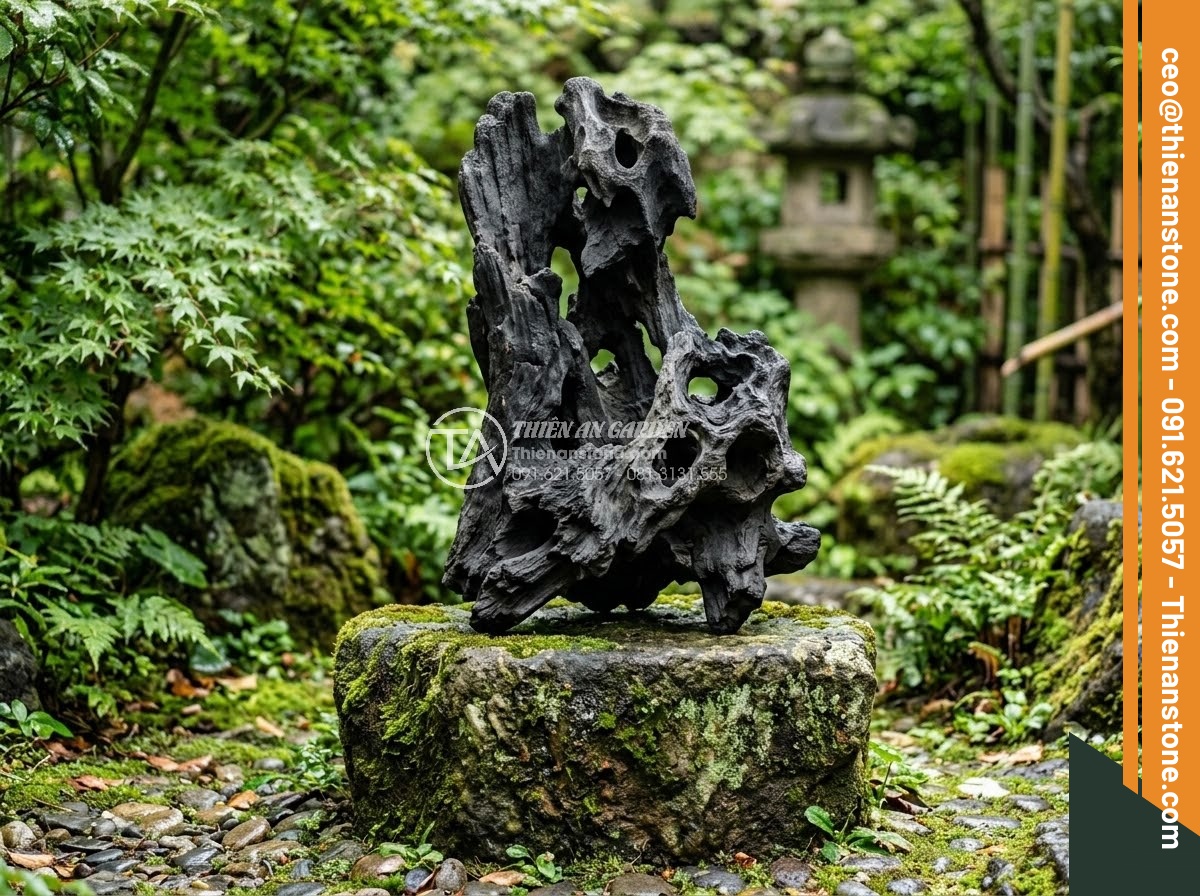 Đôn Đá Tự Nhiên - Hình 29 Đôn Đá Tự Nhiên - Aged natural stone pedestal with beautiful green moss patina, wabi-sabi aestheti
