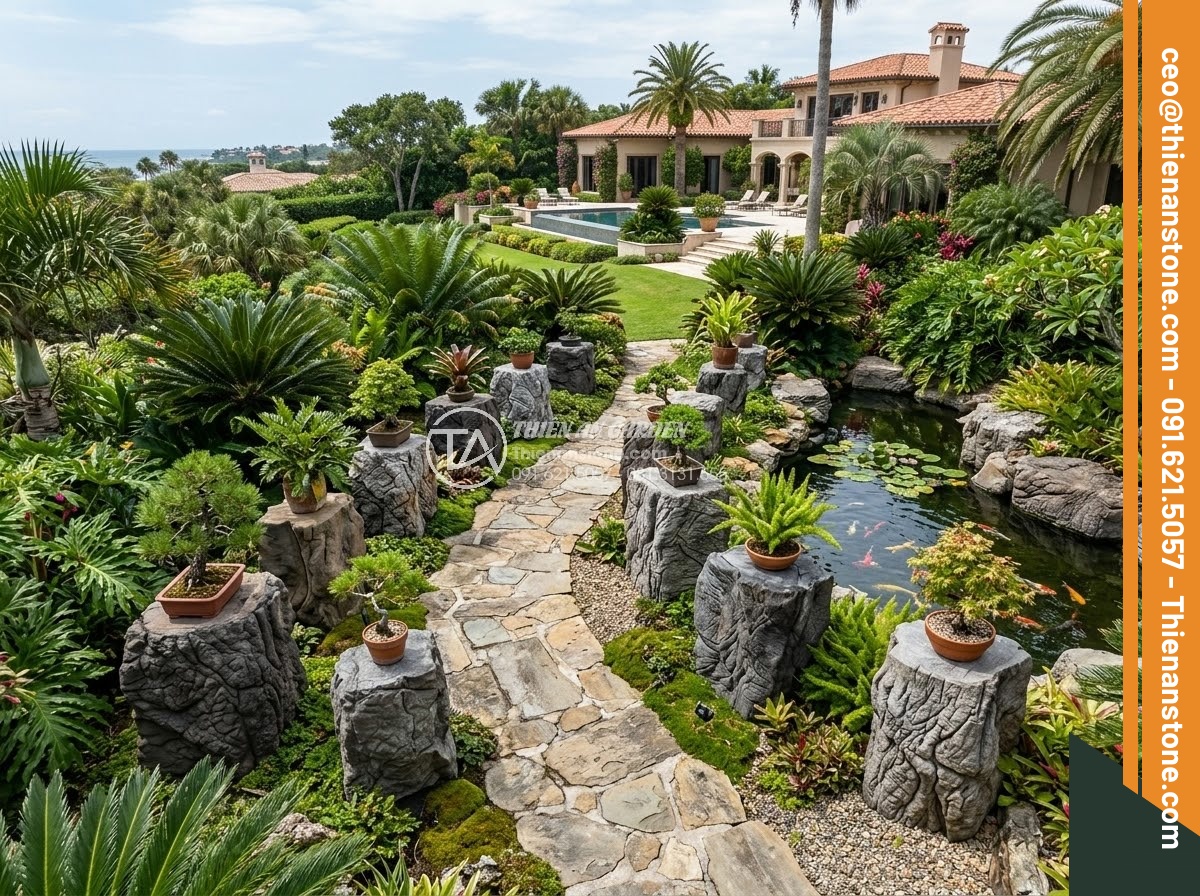 Đôn Đá Tự Nhiên - Hình 3 Đôn Đá Tự Nhiên - Aerial view of a luxury villa garden with multiple natural stone pedestals arran
