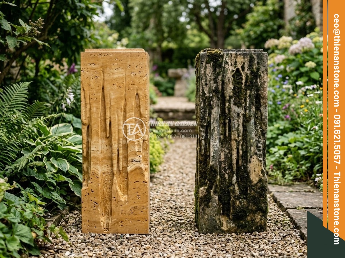 Đôn Đá Tự Nhiên - Hình 30 Đôn Đá Tự Nhiên - Brand new natural stone pedestal next to aged one showing how patina develops ov